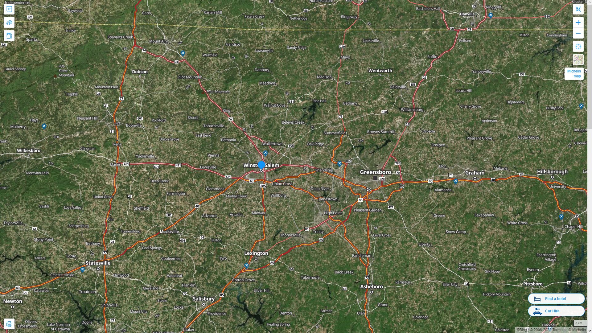 Winston Salem North Carolina Highway and Road Map with Satellite View
